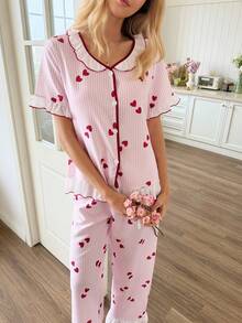 Snug Reverie 女士粉色爱心条纹印花荷叶边短袖上衣和裤子睡衣套装，休闲家居服两件套 - 粉色 - 查看 1