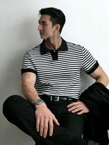 Manfinity Homme Áo polo nam tay ngắn kẻ sọc - Đen và trắng - Xem 4