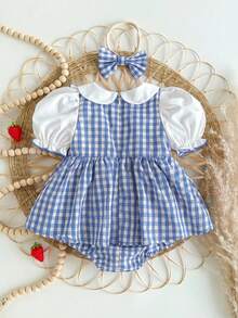 SHEIN Newborn Baby Girl Summer Cute Strawberry Pattern Peter Pan Collar Romper With Headband - Blue and White - View 2
