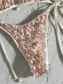 Costavie 两件式闪光纹理挂脖比基尼套装，饰有仿珍珠，性感三角上衣和侧系带泳裤，沙滩度假泳装 - 金色 - 查看 7