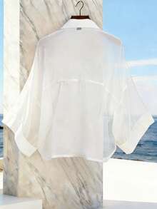 SHEIN Franclia Áo kiểu voan trắng mỏng nhẹ, cổ bẻ, thắt nơ phía trước, thích hợp mặc đi nghỉ mát, chống nắng, chất liệu dệt kim, dành cho nữ, mùa hè. - trắng - Xem 2