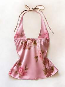 SHEIN Elegant Romantic Retro Floral Pattern Rhinestone Decor A-Line Halter Neck Top For Women - Coral Pink - View 2