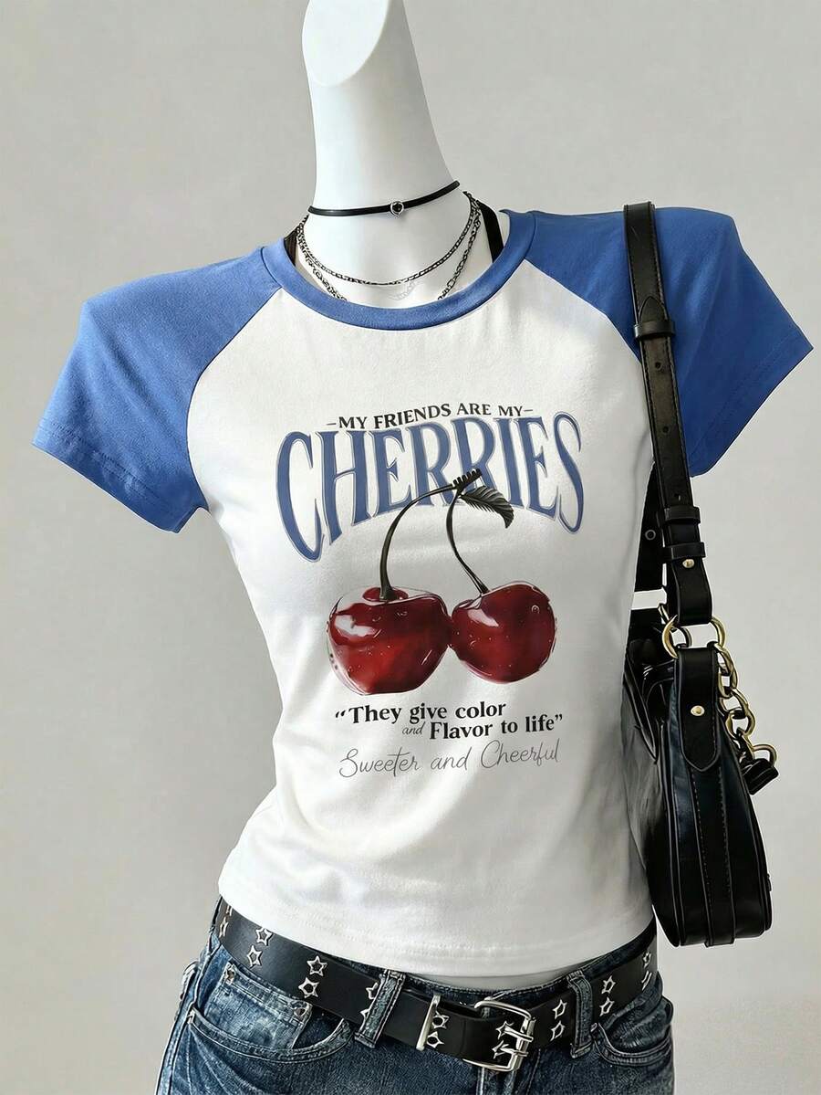 Camiseta de manga corta con manga raglán con estampado de cerezas para niñas preadolescentes, casual y cómoda para primavera/verano, diseño adecuado para exteriores, deportes, picnics, fotografía callejera, vacaciones, regalo - Multicolor - Ver 1