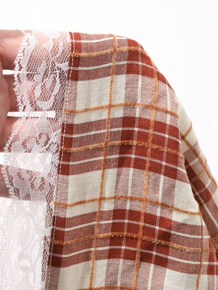 Plaid Contrast Lace Trim Tie-Up Cropped Casual Summer Tank Top For Women Y2k