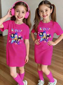 Elladie kids 春夏少女休闲时尚创意个性清新简约可爱卡通酷炫虚拟女团Q版人物彩色五角星灯光标语字母印花休闲基础款玫瑰红短袖T恤裙，舒适日常穿着 - 玫紅色 - 查看 8