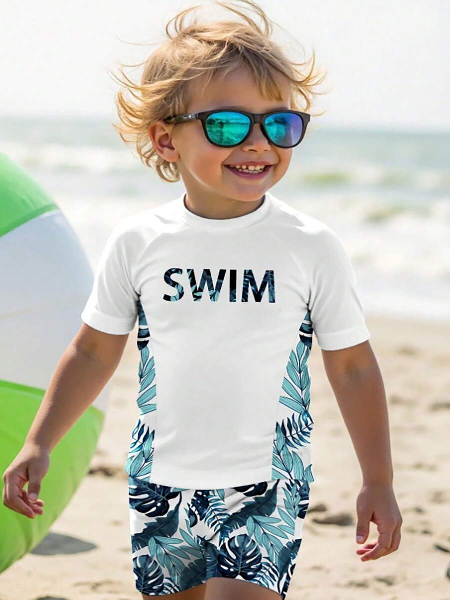 SHEIN Baby Boy White Cute Swimsuit Set,Short Sleeve Round Neck SWIM Letter & Coconut Tree Graphic Print,Summer Beach Vacation Holiday Surfing Slim Fit - Multicolor - View 1