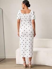 MaterniWear Elegant Polka Dot Print Tie-Front Dress For Pregnant Women, Perfect For Afternoon Tea, Office Wear, Dates, And Other Occasions. - White - View 10