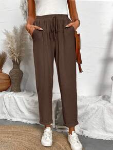 EMERY ROSE Solid Color Simple Design Front Tie Casual Pants, Suitable For Daily Wear - Coffee Brown - View 4