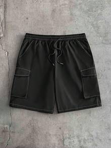 AXEPEAK Set casual estivo da uomo, composto da camicia larga con cuciture a contrasto e tasche toppe, e pantaloncini con vita con coulisse - nero - Visualizzare 8