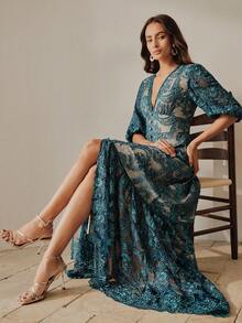 Anewsta Vestido bordado con mangas farol y escote en V profundo, vestido elegante y grácil para vacaciones para mujeres - Azul - Ver 7