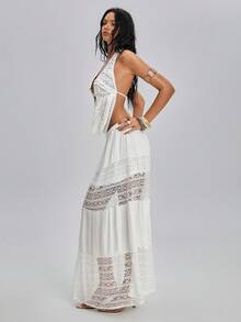 TypaGal Women's White Summer Boho Vacation Holiday Y2K Lace Backless Halter Top And Skirt 2-Piece Set,Chic Solid Color Carnival Party Beach Street Outfit - White - View 5