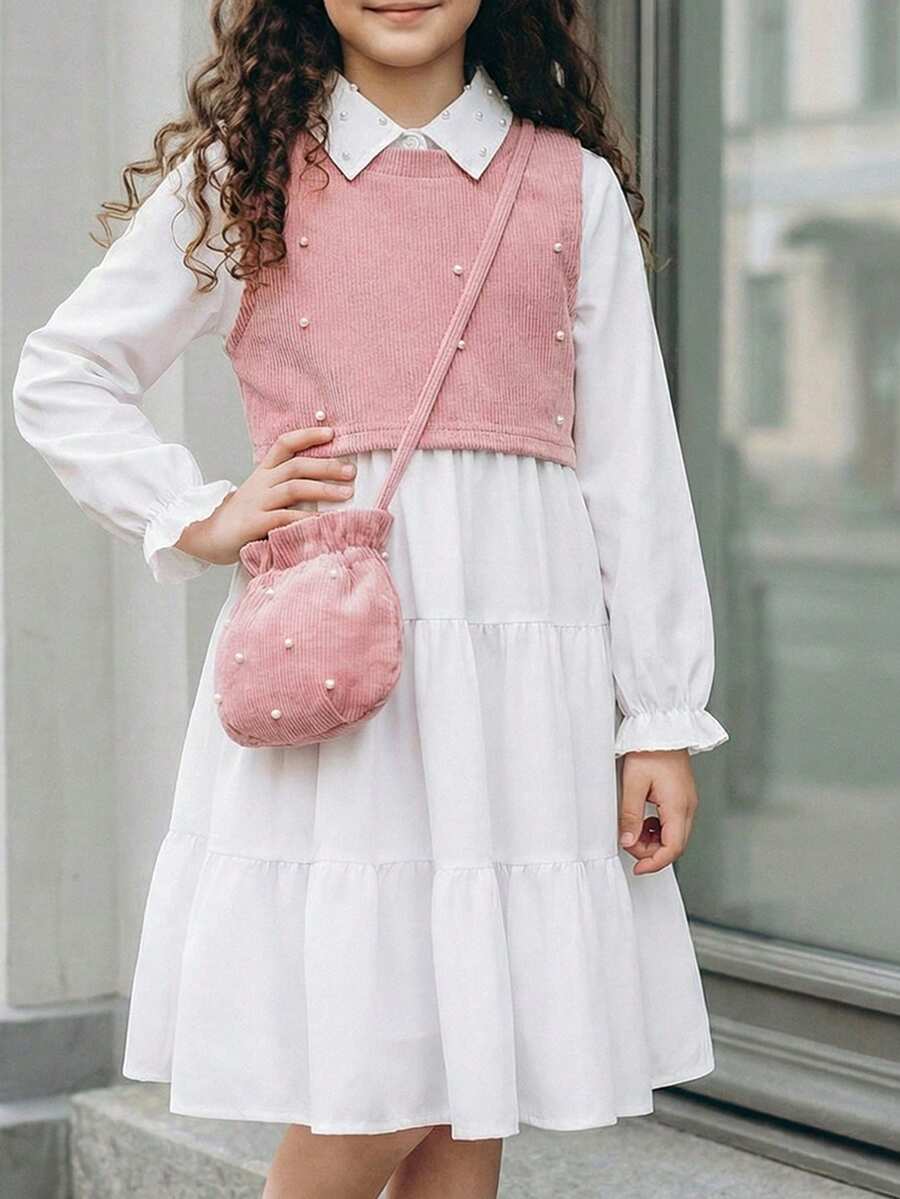 SHEIN Conjunto de 3 piezas para niña preadolescente que incluye: chaleco con decoración de perlas, camisa vestido casual de manga larga blanca y 1 bolso bandolera, set para otoño/invierno - Rosa - Ver 1