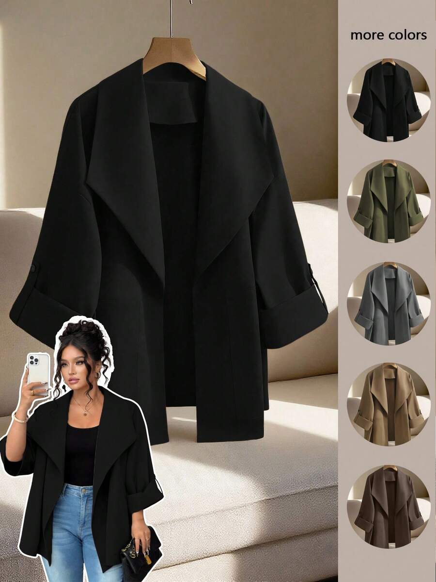 GlowEve CURVE Plus Size Women's Solid Color Lapel Casual Windbreaker Jacket - Black - View 1