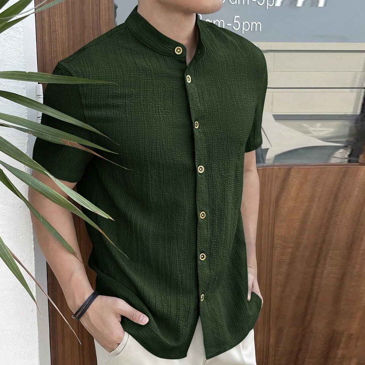 Camisa de manga corta de unicolor, de un solo pecho, casual y versátil para uso diario, para vacaciones, regalo del Día del Padre