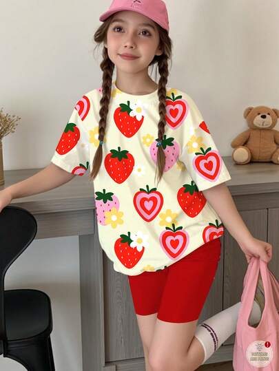 2枚セット、ティーンガールのカジュアルでかわいい夏のイチゴフルーツプリントTシャツとショーツセット、バケーションスタイル、夏に最適、姉妹でお揃い、休日、パーティー、デイリーウェアに適しています