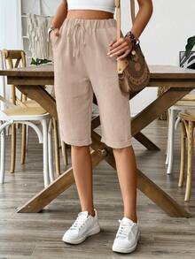 SHEIN Holidaya Elastic Waist Linen-Like Casual Shorts, Summer - Apricot - View 5