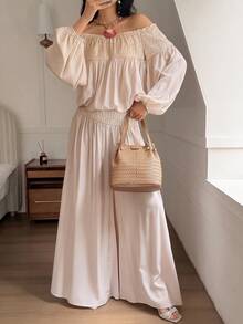 Livesso Sequin Patchwork Off-Shoulder Long Sleeve Top And Wide Leg Pants 2 Pieces Set For Women - Apricot - View 5
