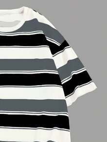 Manfinity Dauomo Plus Size Men's Round Neck Drop Shoulder Short Sleeve Casual Striped T-Shirt, Versatile For Summer - Multicolor - View 3