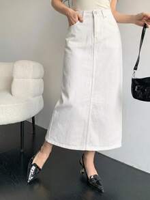 DAZY Women's Casual Solid White Straight Denim Skirt, Spring/Summer - White - View 10