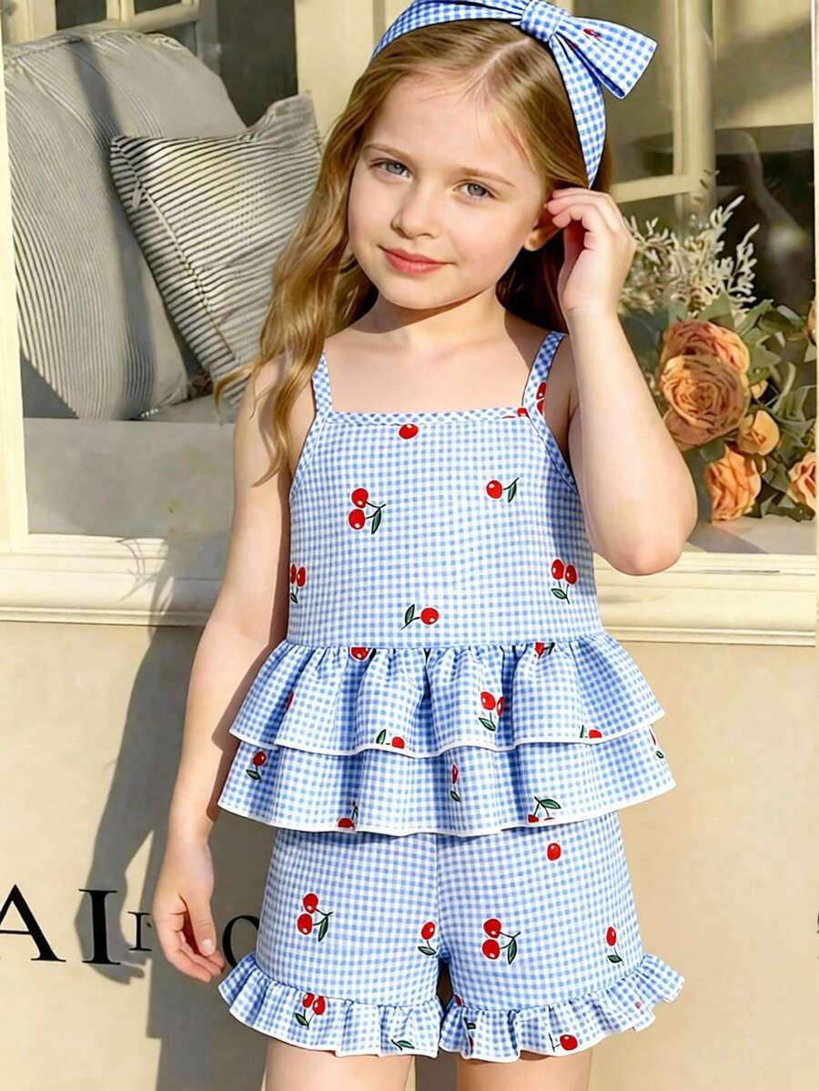 Bộ áo hai dây và quần short kẻ caro màu anh đào cho bé gái, kèm băng đô. - Màu xanh lam - Xem 1