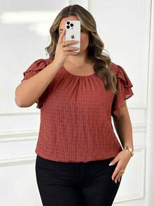 SHEIN CURVE+ 大码女式早春蓝色花瓣袖衬衫 - 鏽棕色 - 查看 5