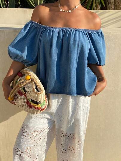 DAZY 女士纯色露肩宽松休闲短袖牛仔上衣