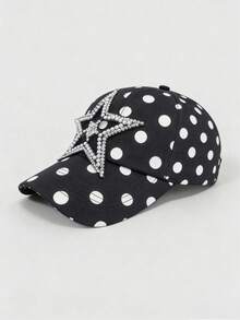1 Rhinestone Star Pattern Baseball Cap, Y2K Style Polka Dot Element Hat, Fashionable Size Adjustable  Cap - Blue and White - View 3