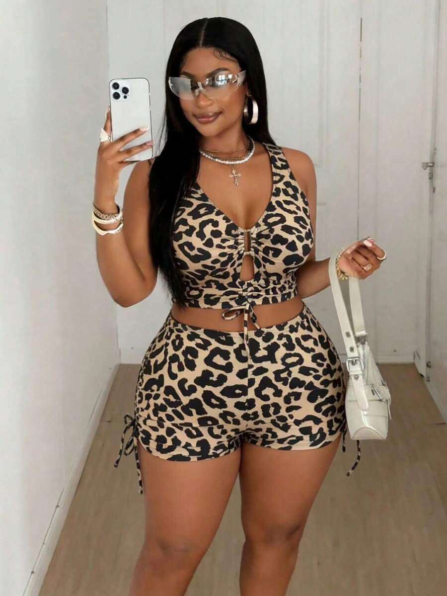 Maweii Plus Size Women 2pcs Leopard Print Camisole Top And Drawstring Waist Shorts Bikini Set - Multicolor - View 1