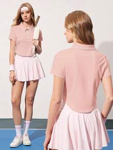 Courtclass 女士纯色短袖 Polo 衫 - 半拉链撞色运动上衣，适合网球、高尔夫训练、跑步和健身 - 粉色 - 查看 1