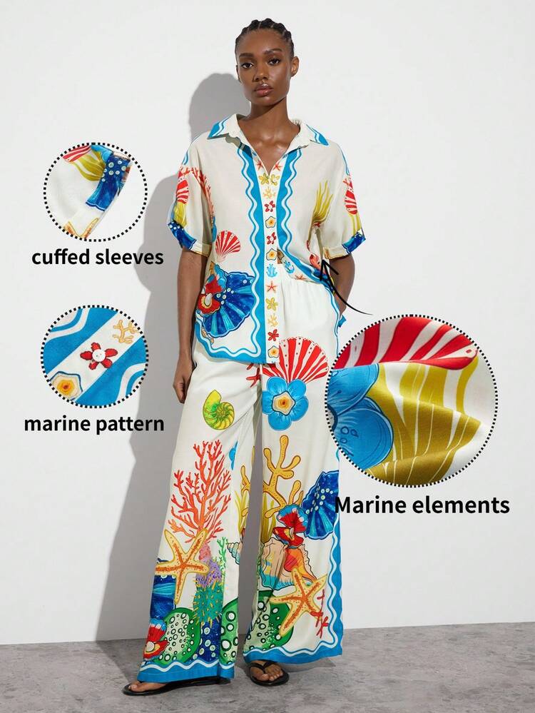 SHEIN Maija MAIJA Beach Seashell Print Camp Collar Button Down Short Sleeve Shirt,Summer Top