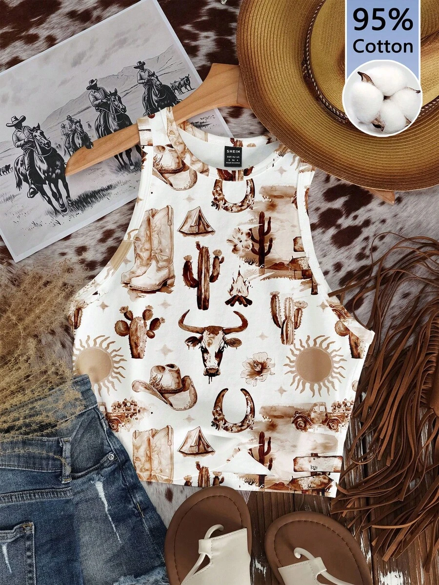SHEIN EZwear 95%纯棉西部牛仔图案背心 – 休闲简约夏季度假、音乐节彩色涂鸦印花，圆领修身无袖女式上衣，Y2K复古软妹风 - 彩色 - 查看 1