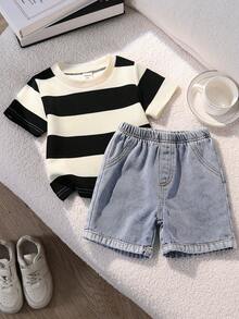 SHEIN Bộ đồ 2 món cho bé trai, gồm áo thun ngắn tay kẻ sọc đen trắng dễ thương và quần short denim, thích hợp cho mùa xuân/hè. - Đen và trắng - Xem 5