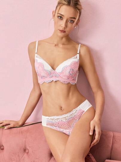 Bonmuse Bộ áo lót và quần lót có viền ren màu tương phản dành cho nữ