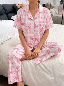 少女睡衣套装，优雅粉彩色格纹蝴蝶结泡泡纱短袖翻领开衫搭配长裤，粉色撞色荷叶边，两件套家居服 - 淺粉色 - 查看 9