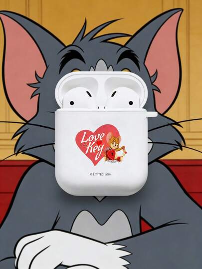 TOM & JERRY X SHEIN 汤姆和杰瑞可爱卡通猫鼠耳机保护套，适用于AirPods Pro2，白色硅胶防刮保护壳