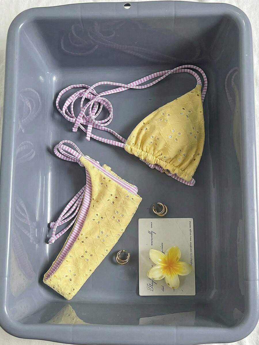 Swim Mod Đồ bơi liền thân thời trang dành cho nữ, bikini dệt kim jacquard mới với họa tiết sọc, đồ bơi 2 mảnh cho bãi biển, đảo, tiệc bể bơi, phong cách cô gái ngọt ngào, màu vàng nhạt tươi mát mùa xuân và hè, bikini hoa vàng dễ thương cho kỳ nghỉ biển của nữ, mùa hè bội thu vui vẻ. - Nhiều màu - Xem 1