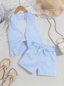 SHEIN Genkimix Kids 2件組少女藍白條紋無袖外套配蝴蝶結腰帶與短褲，夏季家庭度假度假時尚套裝 - 藍色 - 查看 10
