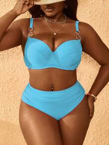 SHEIN Slayr CURVE Conjunto de traje de baño de 2 piezas de talla grande para mujer, color fucsia sólido, con sujetador con aros, tirantes ajustables y Bottom fruncida de cintura alta - Celeste - Ver 5