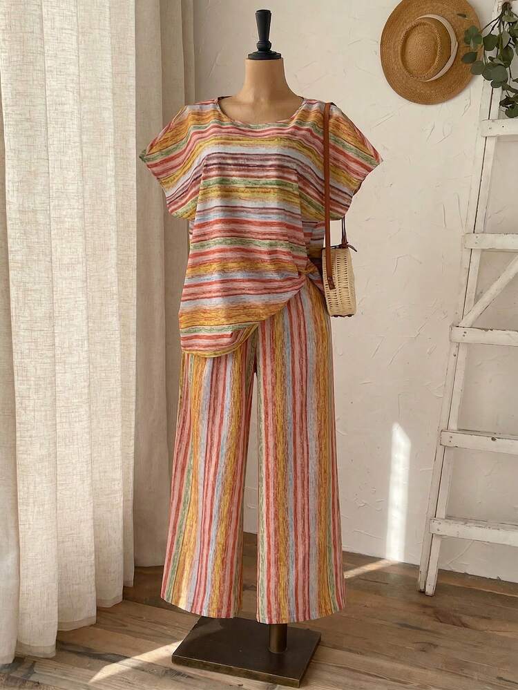 2pc Set Plus Size Women's Summer Casual Vacation Country Striped Batwing Sleeve Shirt And Wide Leg Pants Casual 2 Pieces Set,Casual Holiday Style,Summer Outfits For Women ,Vacation Outfits Women ,Holiday Outfits For Women,Going Out Outfits, New Clothes,Simple And Fashionable For Everyday Wear,Suitable For Summer, Vacation, Daily Wear, Festival Outfits For Women,Country Concert Outfit,Beach Outfits For Women,Western Style,,Gifts For Mother,Boho  Set,Modest Two Piece Set, Plus Size Summer Sets,Plus Size Pants Set,Boho Set,Boho Pants Set For Women,Wide Leg Pants Set,2 Piece Casual Sets Woman,Two Piece Set Women