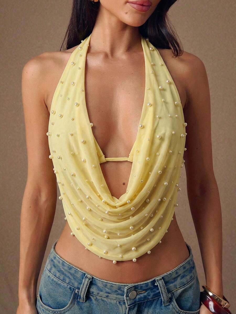 SHEIN BAE Top de bikini sexy con escote halter, espalda descubierta y cordones, forrado, de color amarillo, para primavera/verano - Amarillo - Ver 1