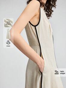 Ontre 2026SS Nouvelle robe mi-longue d'été pour femmes, design color block en tissu tissé, style vacances, tenue de fête, robe noire et abricot pour femmes, col rond sans manches, simple et élégante, polyvalente pour le travail, les sorties d'été et les fêtes. Robe décontracté, tenue de plage, robe longue pour invitée de mariage, robe de soirée, robe élégante, design mode évasé en ligne A, tenue romantique pour le thé et les rendez-vous. Coupe ample et confortable, populaire robe mi-longue pour femmes - Noir et Blanc - Voir 3
