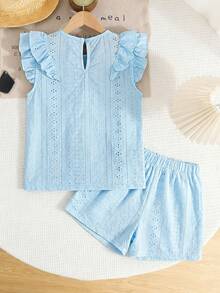 SHEIN LMoss Kids Tween Girl 2 Pieces Set: Casual Comfortable Round Neck Ruffle Blouse And Pants - Blue - View 2