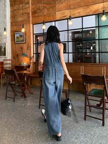 Bộ áo liền quần cổ ve lật một hàng khuy dành cho nữ, kiểu dáng thường ngày đi làm và đi nghỉ mát. - Màu xanh lam - Xem 6