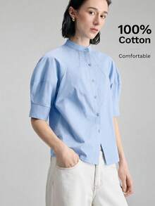 Ontre 2026春夏新款女士衬衫，梭织面料，花瓣袖，纽扣前襟，宽松版型，适合独立日、优雅办公装、教师装、休闲外出、下午茶、都市时尚、百搭通勤衬衫 - 藍色 - 查看 2