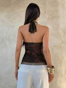 Aloruh Women's Elegant Multi-Layer Ruffle Trim Stand Collar Fitted Tank Top - Coffee Brown - View 2