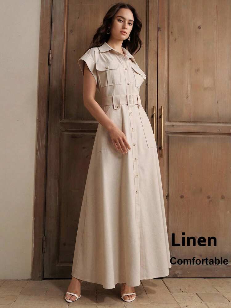 Anewsta Women's Spring/Summer Linen Blend (30% Linen) Casual Elegant Shirt Collar Open Front Belted Waist Multi-Pocket Short Sleeve Dress
