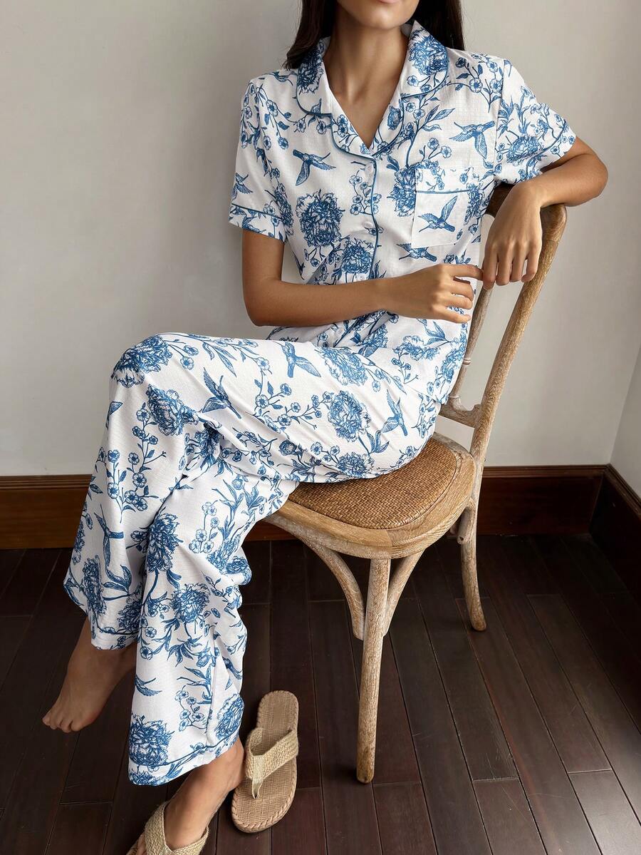 SHEIN Bubble Crinkle Bird Print Short Sleeve Pajama Set - White - View 1