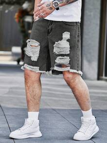 Manfinity Homme Plus Size Men's Casual Distressed Pocket Button Denim Shorts, Versatile For Daily Wear - Light Grey - View 3