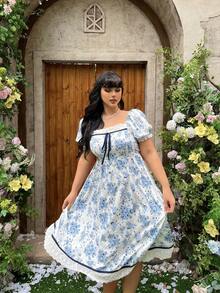 Lyrianda Plus Size Romantic Square Neck Waist Cinched A-Line Dress - Multicolor - View 5