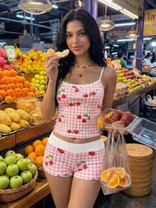 Sweetina Cherry Print Camisole Crop Top & Shorts 2 Pieces Set, Casual For Teens - Pink - View 1